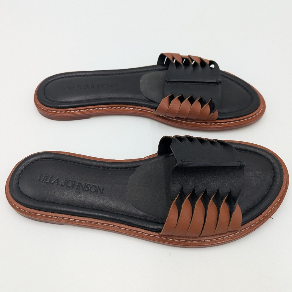 Ulla Johnson Ameya Woven Leather Slide Sandals Black Brown Two Tone Flat Sz 37